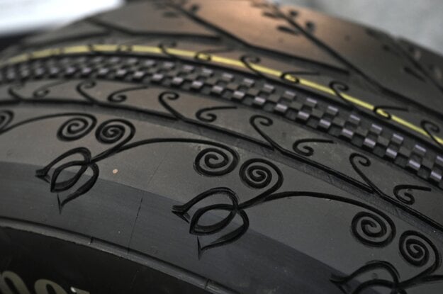 A special tyre prototype developed with a pattern inspired by the Valley of Púchov, as shown during the Job Forum event in Trenčín, western Slovakia.