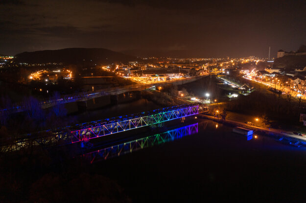 The old railway bridge in Trenčín, pictured lit up in rainbow colours on November 27, 2022, in support of the LGBT+ community in Slovakia. 