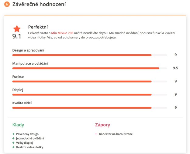 Celkové hodnocení autokamery MiVue 798 serverem TESTADO