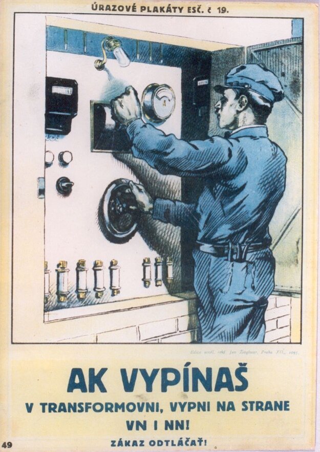 Dobový plagát zameraný na bezpečnosť elektrikárov.