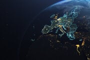 Planet Earth from Space European Union Countries highlighted teal glow, 2020 political borders and counties, city lights, 3d illustration