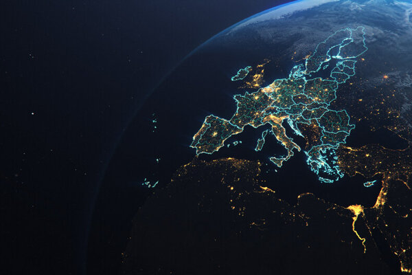 Planet Earth from Space European Union Countries highlighted teal glow, 2020 political borders and counties, city lights, 3d illustration